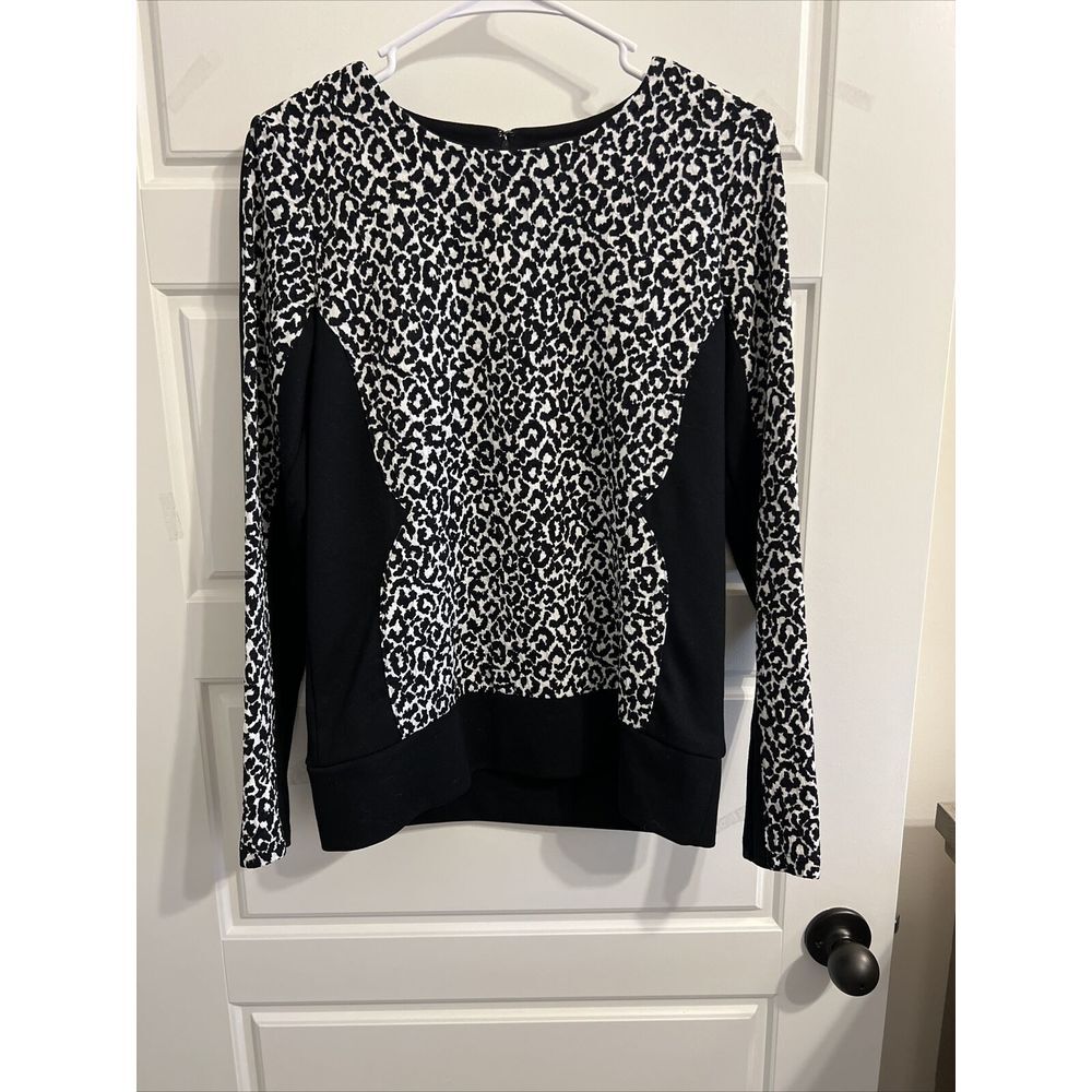 Ann Taylor Women's S Cheetah Print Colorblock Sweater Zip Back Black White‎